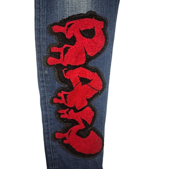 Legendary Rawalty Distressed Blue Denim Jeans With Red Applique Patch Size 36x32 - Picture 2 of 14